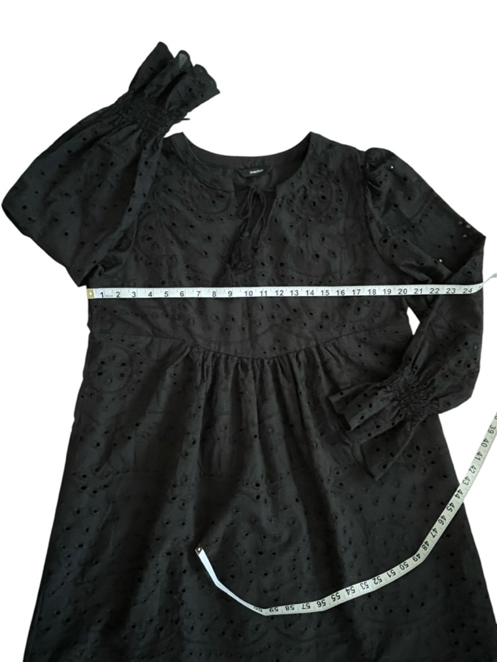 DOKOTOO Woman’s Black Eyelet Tassel Tie Babydoll Dress puff long sleeved lined L - Picture 11 of 13